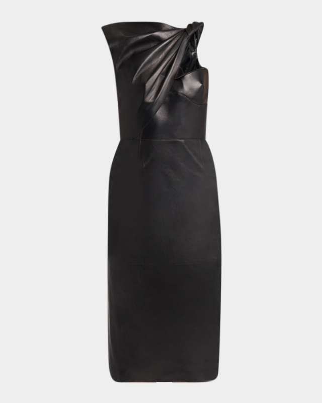 Twisted Bustier Leather Midi Pencil Dress